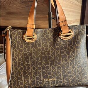 Calvin Klein Signature Brown & Gold Tote Bag with Matching Pouch